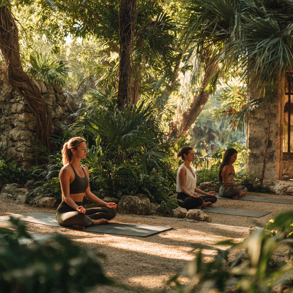 Grupo practicando yoga en ambiente sereno